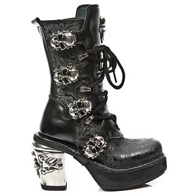 Pre-owned New Rock Newrock M.8366 S1 Black - Rock Punk Gothic Biker Boots Flower Print - Womens
