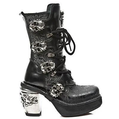 Pre-owned New Rock Newrock M.8366 S1 Black - Rock Punk Gothic Biker Boots Flower Print - Womens
