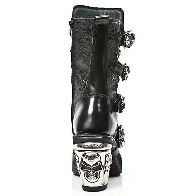 Pre-owned New Rock Newrock M.8366 S1 Black - Rock Punk Gothic Biker Boots Flower Print - Womens