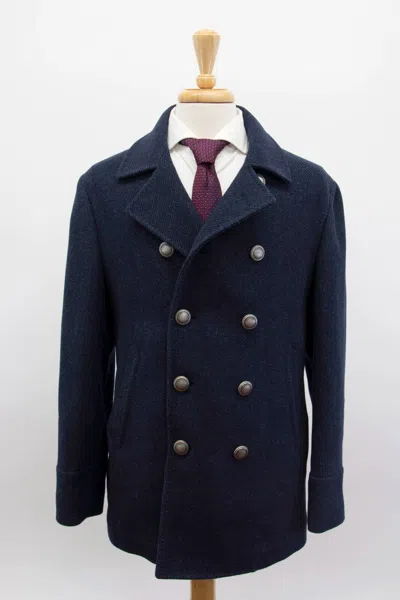 Pre-owned Brunello Cucinelli Nwt$7620  Men 100% V Wool Db Pea Coat W/logo Buttons50/40 A242 In Blue