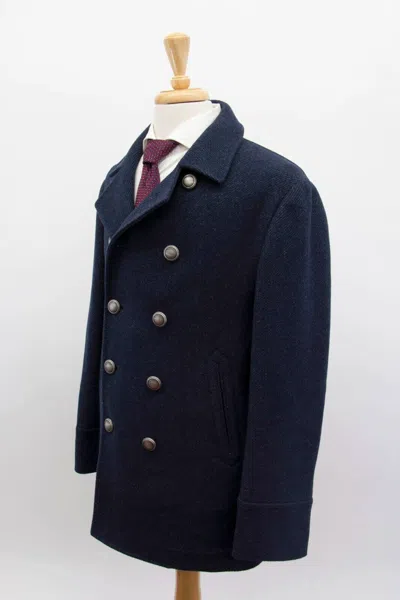 Pre-owned Brunello Cucinelli Nwt$7620  Men 100% V Wool Db Pea Coat W/logo Buttons50/40 A242 In Blue