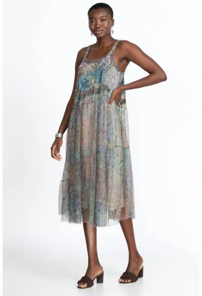 Pre-owned Johnny Was Matisse Mesh A-line Dress With Slip Size M Embroidered Comfort In Multicolor