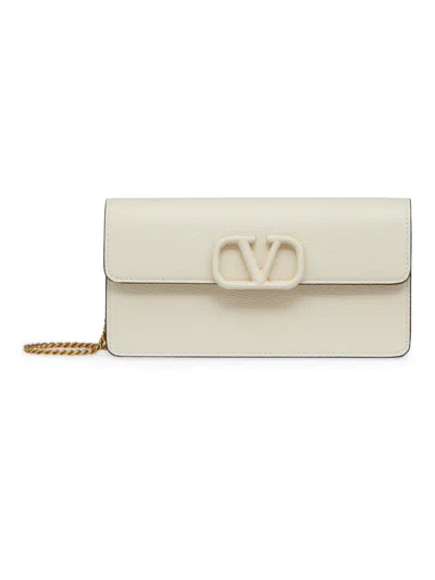 Shop Valentino Women's Vlogo Signature Grainy Calfskin Wallet With Chain In Light Ivory