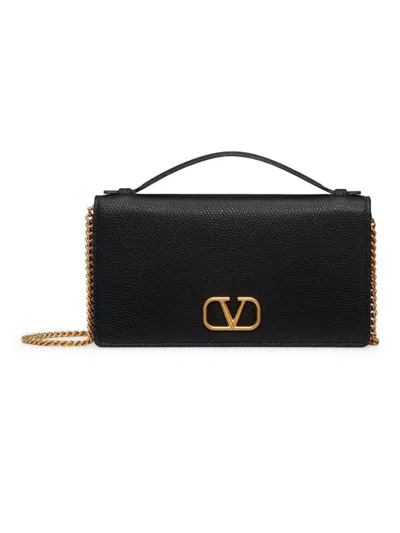 Shop Valentino Women's Vlogo Signature Grainy Calfskin Wallet With Chain In Black