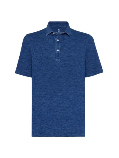 Shop Brunello Cucinelli Men's Denim Effect Cotton Jersey Polo Shirt In Blue