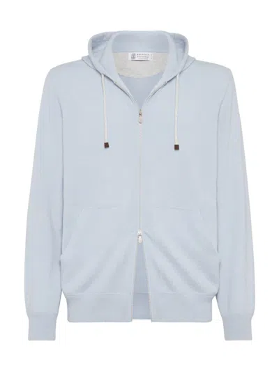 Shop Brunello Cucinelli Men's Cashmere Sweatshirt Style Cardigan In Sky Blue