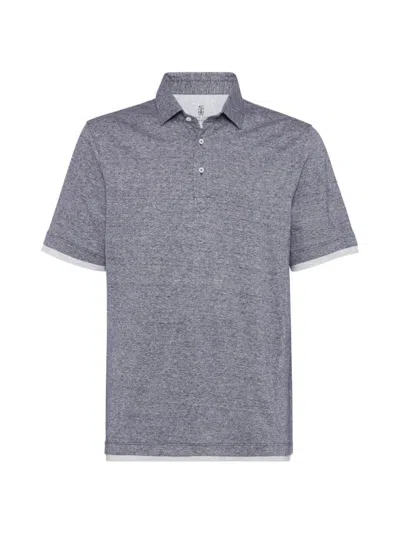 Shop Brunello Cucinelli Men's Linen And Cotton Jersey Style Collar Polo Shirt In Navy Blue