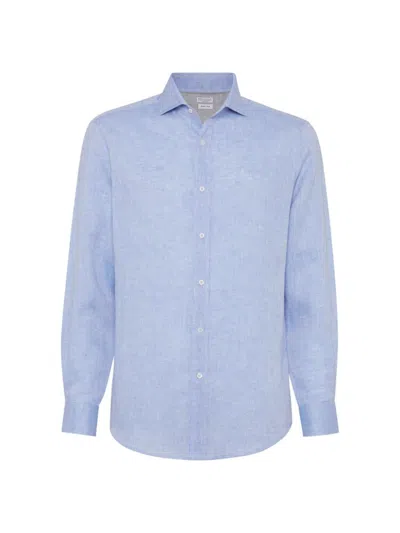 Shop Brunello Cucinelli Men's Linen Easy Fit Shirt With Spread Collar In Sky Blue