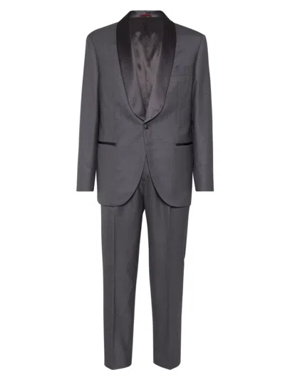 Shop Brunello Cucinelli Men's Lightweight Virgin Wool And Silk Twill Tuxedo With Shawl Lapel Jacket And Pleated Trousers In Grey