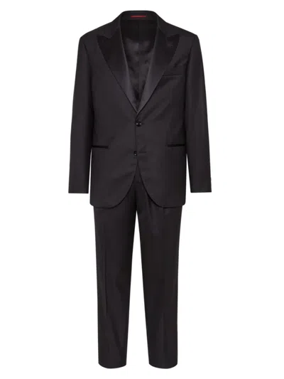 Shop Brunello Cucinelli Men's Lightweight Virgin Wool And Silk Twill Tuxedo With Peak Lapel Jacket And Pleated Trousers In Black