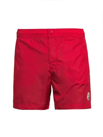 Shop Moncler Men's Side-stripe Swim Shorts In Red