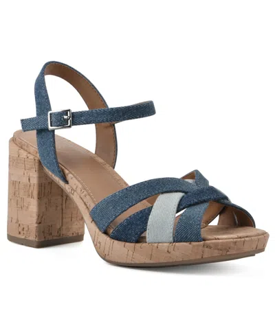 Shop White Mountain Women's Dubonnet Cork Block Heel Sandals In Blue Denim Multi Fabric