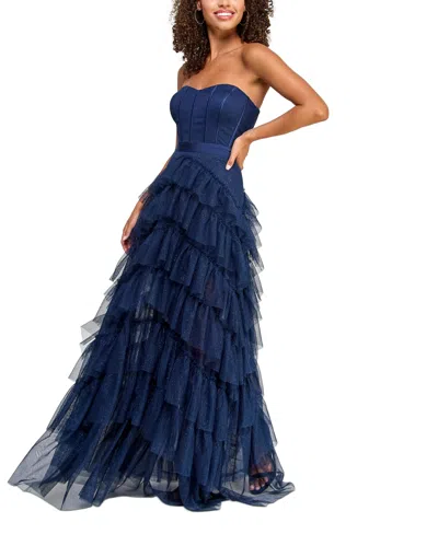 Shop Pear Culture Juniors' Strapless Tiered Glitter Dress In Navy