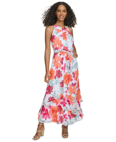 Shop Calvin Klein Plus Size Printed Halter Maxi Dress In White,hibiscus Multi