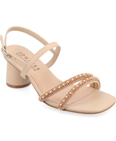Journee Collection Lornnah Beaded Strap Block Heel Sandal In Nude