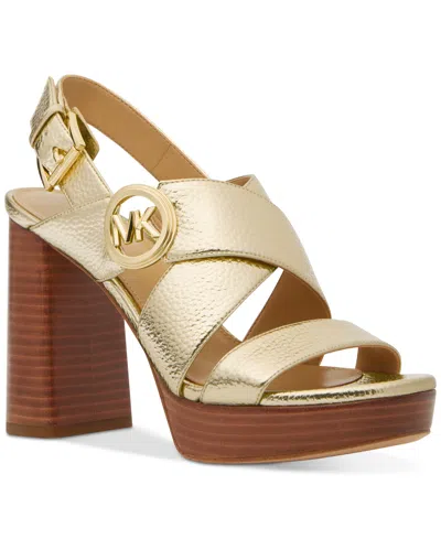 Shop Michael Kors Michael  Vera Logo Charm High Heel Platform Sandals In Pale Gold