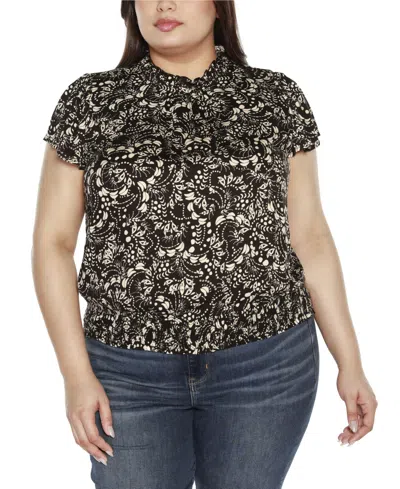 Belldini Black Label Plus Size Embellished Printed Cap-sleeve Blouse In Black