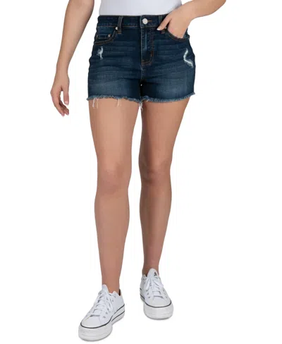 Shop Indigo Rein Juniors' Frayed-hem Destructed Shorts In Dark Wash