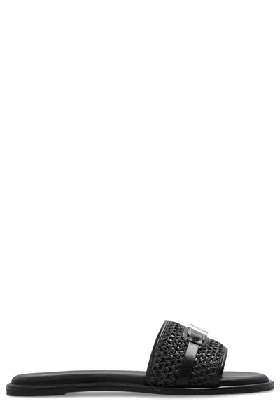Shop Michael Michael Kors Ember Logo Plaque Slides In Black