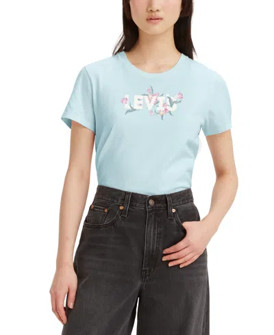 Shop Levi's Women's Perfect Graphic Logo Cotton T-shirt In Tropical Flower Icy Blue