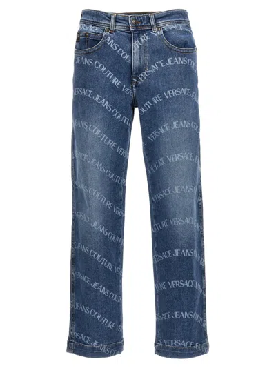 Shop Versace Jeans Couture Logo Printed Jeans In Blue