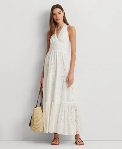 Shop Lauren Ralph Lauren Women's Cotton Tiered Halter Dress In White