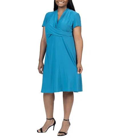 Shop 24seven Comfort Apparel Plus Size Short Sleeve Rouched Wrap Dress In Teal