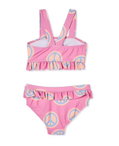 Shop Cotton On Big Girls Polly Ruffle Tankini And Swim Bottom, 2 Piece Set In Pink Gerbera,peace Signs
