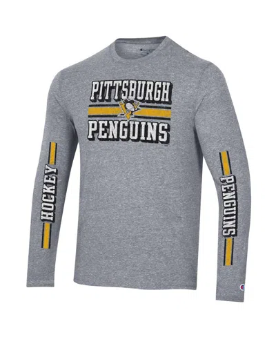 Shop Champion Men's  Heather Gray Distressed Pittsburgh Penguins Tri-blend Dual-stripe Long Sleeve T-shirt