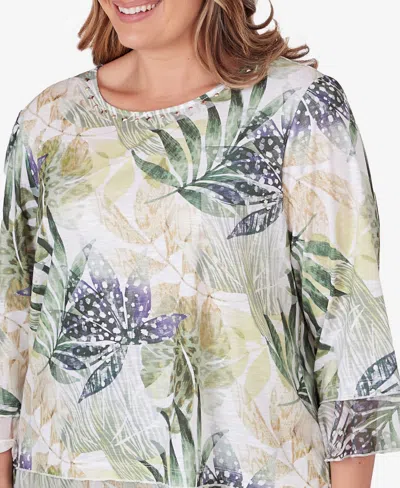 Shop Alfred Dunner Plus Size Tuscan Sunset Crew Neck Tonal Leaf Top With Trim In Aloe