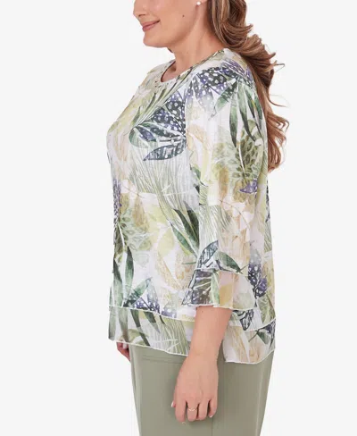 Shop Alfred Dunner Plus Size Tuscan Sunset Crew Neck Tonal Leaf Top With Trim In Aloe