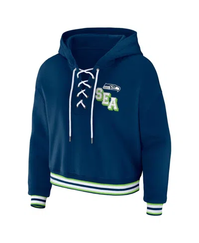 Shop Wear By Erin Andrews Women's  Navy Seattle Seahawks Lace-up Pullover Hoodie