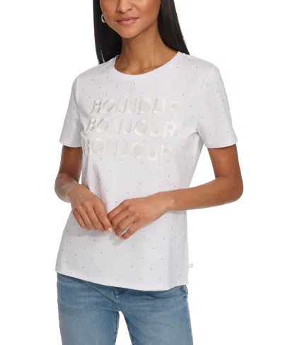 Shop Karl Lagerfeld Women's Embellished Bonjour T-shirt In White
