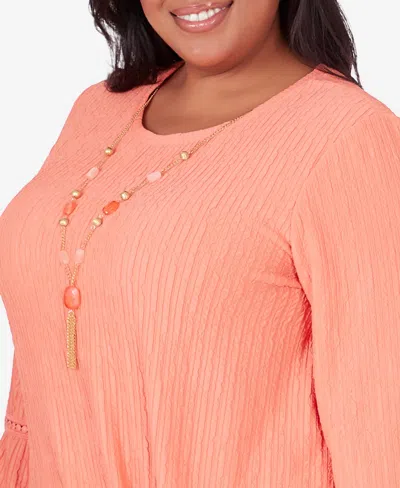 Shop Alfred Dunner Plus Size Tuscan Sunset Solid Texture Top With Side Tie In Papaya