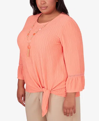 Shop Alfred Dunner Plus Size Tuscan Sunset Solid Texture Top With Side Tie In Papaya