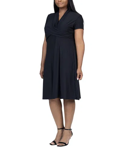 Shop 24seven Comfort Apparel Plus Size Short Sleeve Rouched Wrap Dress In Black