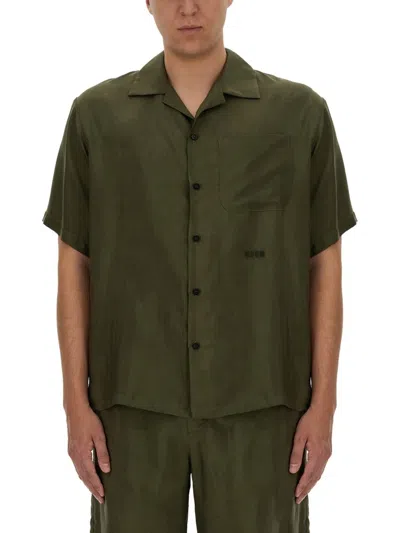 Shop Msgm Logo Embroidered Satin Bowling Shirt In Green