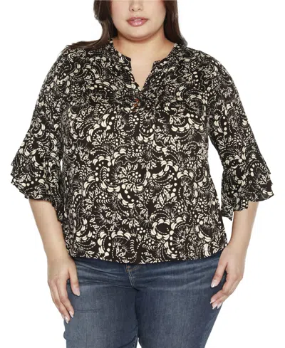Belldini Black Label Plus Size Printed Ruffle Sleeve Top In Black