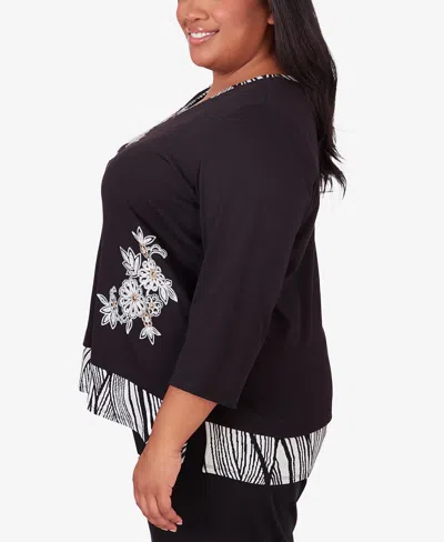Shop Alfred Dunner Plus Size Opposites Attract Flower Top With Animal Trim In Black
