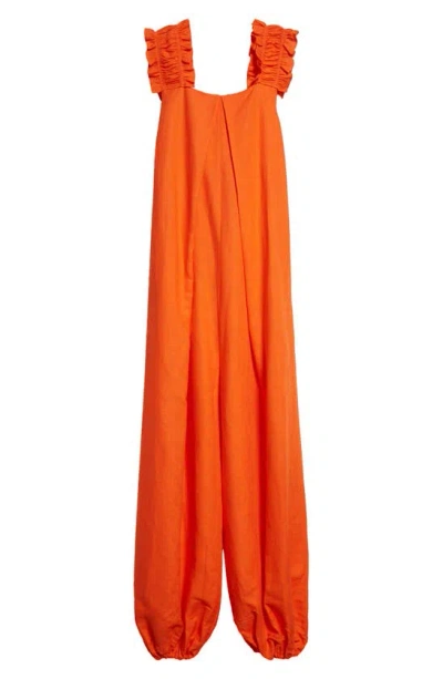Shop Oríré Oma Ruffle Strap Linen Blend Jumpsuit In Orange