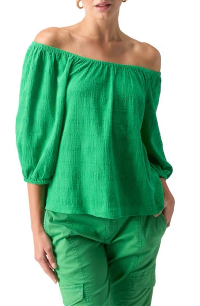Shop Sanctuary Beach To Bar Off The Shoulder Textured Cotton Top In Green Godd