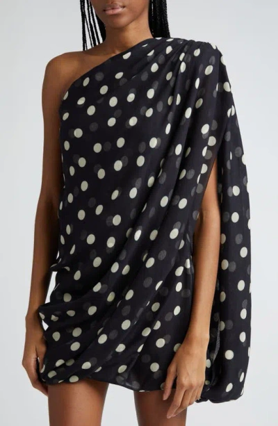 Shop Stella Mccartney Polka Dot One Shoulder Silk Chiffon Dress In Black/ Cream