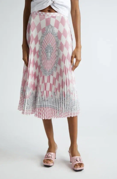 Shop Versace Check & Barocco Print Pleated Skirt In Pastel Pink White Silver