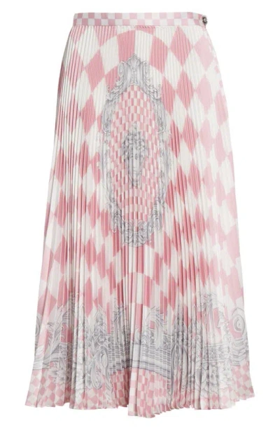 Shop Versace Check & Barocco Print Pleated Skirt In Pastel Pink White Silver