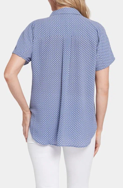 Nydj Becky Leaf Print Split Neck Woven Top In Heritage Geo Prussian Navy