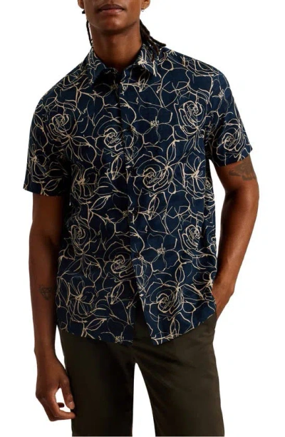 Shop Ted Baker Cavu Floral Short Sleeve Cotton Button-up Shirt In Navy