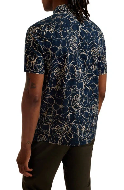 Shop Ted Baker Cavu Floral Short Sleeve Cotton Button-up Shirt In Navy