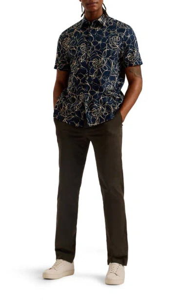 Shop Ted Baker London Cavu Floral Short Sleeve Cotton Button-up Shirt In Navy