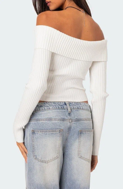 Shop Edikted Lauren Foldover Off The Shoulder Rib Sweater In White