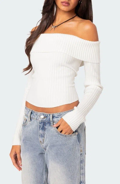 Edikted Lauren Foldover Off The Shoulder Rib Sweater In White